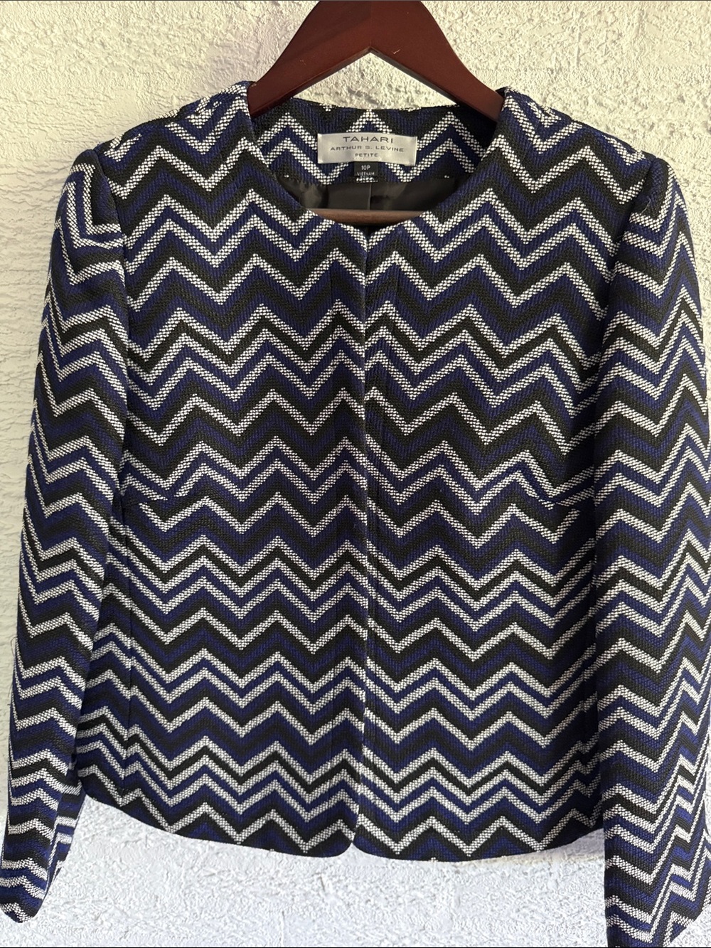 Tahari Navy and White Chevron Knit Jacket